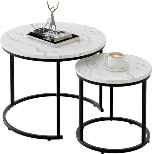 Garden 4 you Coffee Table,Round Nest of Tables Set of 2 for Living Room,Marble Center Tea Table with Metal Frame,End Side table for Small Space/Living Room/Bedroom, White Black, 60 x 60 x 50cm