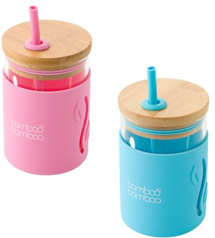 bamboo bamboo Sippy Cup, Straw Cups for Toddlers, Glass Jar with Bamboo Lid & Silicone Impact Sleeve, Perfect for Drinks & Smoothies, 350ml Capacity Baby Cup for Transitioning Toddlers (Blue/Pink)