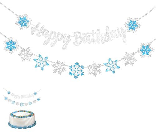 2 Stück Happy Birthday Girlande Schneeflocken Geburtstagsdeko, Girlanden Deko Happy Birthday Banner, Schnee Geburtstagsgirlande, Schneeflocken Deko für Geburtstagspartys Babytaufen Winterfeste