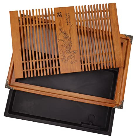 Chinese Gongfu Tea Tray Wood with Orchid Pattern, large Water Storage, Tea Table with Drain Pipe for Tea Discharge, Fine Workmanship, Prevent Cracking (Yellow Orchid)