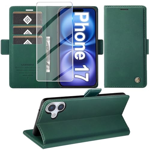 Giyer Handyhülle für iPhone 17 Hülle mit Schutzfolie, Standfunktion Kartenfach Wallet Premium Leder Schutzhülle für iPhone 17 5G 6.3 Zoll Flip Case Cover Stoßfeste Klapphülle (Grün)