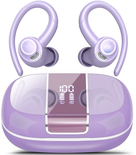 Bluetooth Kopfhörer Sport, Kopfhörer Kabellos Bluetooth 5.3 mit ENC Mikrofon,48Std Premium-Tiefbass Wireless Earbuds mit LED Anzeige, Leichtes Design, IPX7 Wasserdichte Ohrhörer,Kartoffelviolett