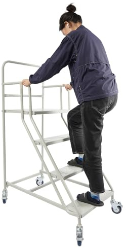 Treppe mit 4 Stufen, robuster Stahl, mit Rollen und Arbeitsplattform, Kapazität 400 kg, mehrere Leitern, Industrie- und Lagertreppe, geeignet für Haushalte, Lager, Geschäfte, Supermärkte