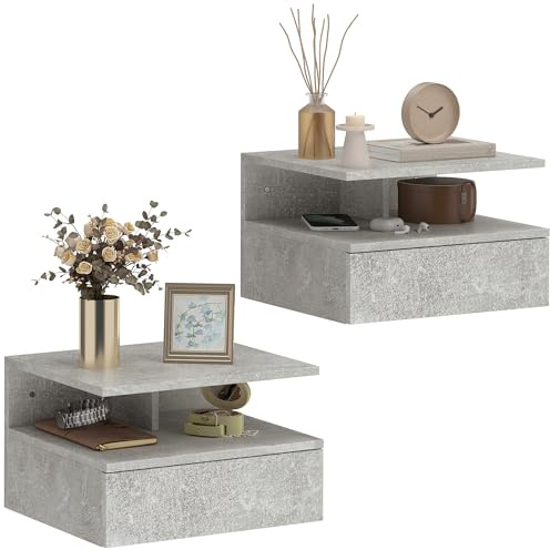 HOMCOM 2er-Set schwebende Nachttische, Schlafzimmer Nachttische mit Schublade, offenes Regal, für Wohnzimmer, 35x32x22,5 cm, Grau