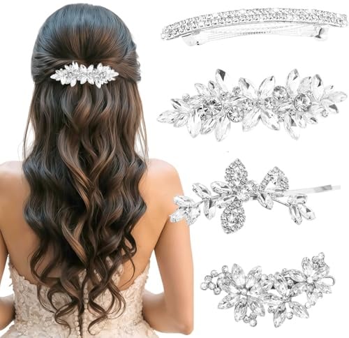 TESGADGETS 4 Crystal Hair Clips for Women, Silver Flower Hair Accessories, Sparkling Crystal Hair Pins, Bridal, Wedding and Everyday Accessories