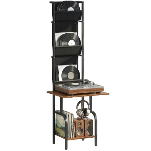 HOMCOM Plattenspieler mit 3 Stofftaschen 50 x 48,5 x 144 cm Rustikal-Braun | Schallplatten Aufbewahrung, Schallplattenspieler-Tisch, Offenes Fach, Blurays Aufbewahrung, Für Bis Zu 40 Alben