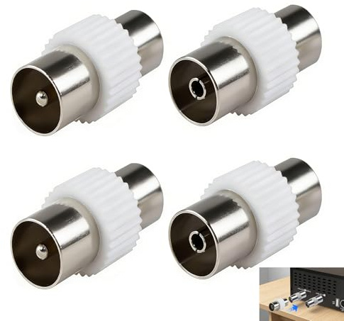 4 Pack TV Aerial Coaxial Cable Connectors, Nickel Plated Coaxial Connector, RF Coax Adapter Kit 2 x Male to Male and 2 x Female to Female Aerial Connector for TV Joiner Extension RF Signal Connector