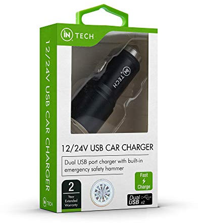 iN Dual USB Car Adaptor 12/24v Car Accessory Charging Adaptor for USB Compatible Devices Doubles As An Emergency Escape Safety Break Glass Hammer Accident Tool