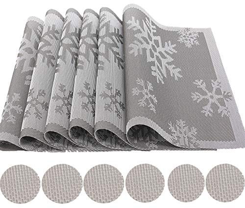 Time to Sparkle Set of 12 PCS Vinyl Woven 6pcs Placemats + 6pcs Coasters Place Mats Non slip Table Mats Waterproof Heat-resistant Dining Table Mats Decor (Grey Snowflake)