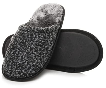 Ajvani Mens Flat Winter Fur Lined Memory Foam Mules Slippers House Shoes, Black 2 Tone, 12 UK