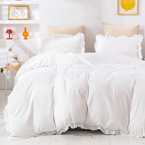 AShanlan Bettwäsche Rüschen 135x200 Weiß Uni Einfarbig Romantisch Rüschenbettwäsche Set 2 Teilig 100% Weich Mikrofaser Deckenbezug mit Kissenbezug 80x80 cm Reißverschluss