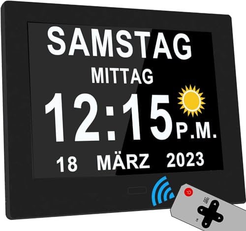 Véfaîî 2025 Neu, 19 Alarme Elektronische Tag Datum Kalenderuhr, Nicht-Abgekürzte Tag Datum Große Uhr für Senioren mit Demenz Alzheimer – mit Fernbedienungr – 8 Zoll mit Fernbedienung