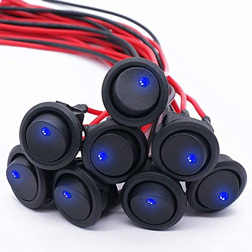 mxuteuk 8 pezzi SPST interruttore a levetta circolare a bilanciere per auto o barca 20A 12V DC On/Off Luce LED blu con fili pre-saldati KCD2-102N-BU-X