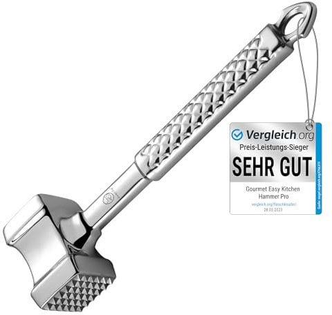 Attendrisseur de viande en inox - Marteau à viande professionnel double face - Lavable au lave-vaisselle - Idéal pour les escalopes, côtelettes, steaks - Maillet par Gourmet Easy