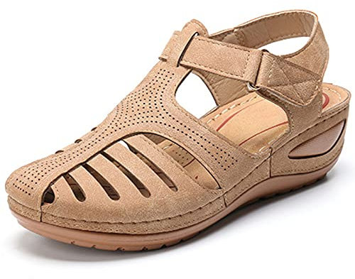 HHZY Sandales Femme Été Confortable Talon Compensées Nu-Pieds Mode Chaussure Orthopédique Bout Fermé Plateforme Cuir PU Grande Taille Chaussures de Plage,Beige,42