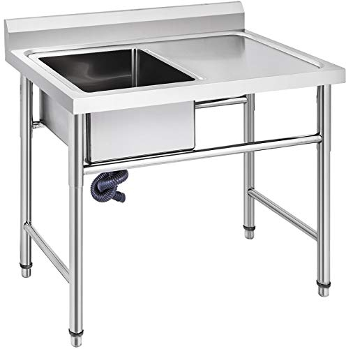 VEVOR Fregadero Comercial de Acero Inoxidable para Fregadero de Cocina, 1 Compartimientos de Tamaño Total 100 x 61 x 95 cm Plata, Hecho a Mano Con Plataforma Derecha para Fregadero de Barra Inferior