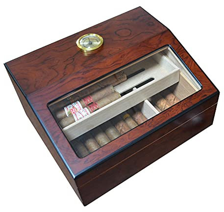 Acanyewit Zigarren-Humidoren, handgefertigte Zigarren-Box aus spanischer Zeder, mit Thermometer-Hygrometer, handgefertigte Schreibtisch-Zigarren-Humidorbox mit Glasplatte, für 25–50 Zigarren