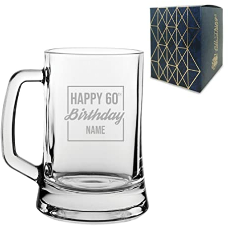 Personalised Engraved Tankard Beer Mug Stein Happy 60th Birthday Square Design Gift Boxed, 16.75oz/495ml Classic Beer Glass, Any Name, Engraved in The UK