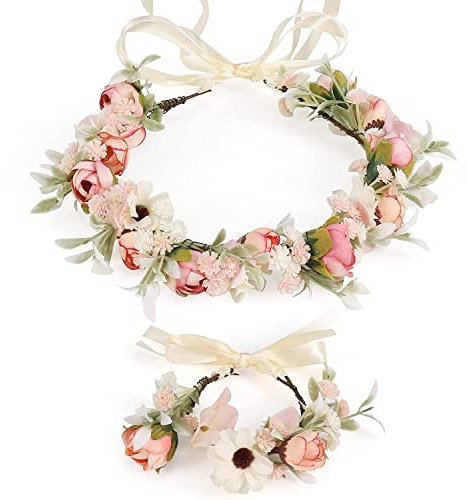 Blumenkranz Blume Krone Stirnband, Rose Braut Haarschmuck mit Armband-Set, GuKKK Blumenstirnband Verstellbarer Gürtel, Haarbänder Floral Girlande, für Damen Hochzeit Zeremonie Festival Party Strand