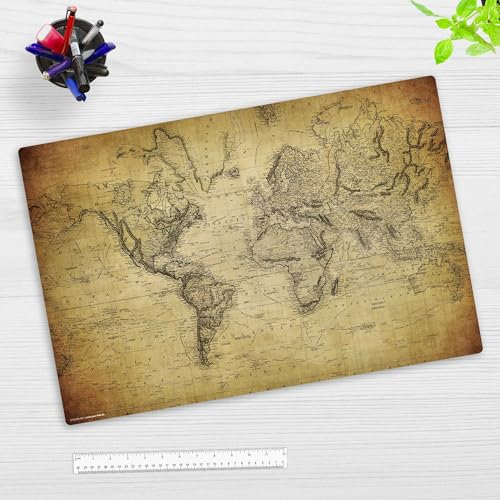 Schreibtischunterlage Kinder und Erwachsene – “Weltkarte alt vintage“ – aus erstklassigem Vinyl (Kunststoff) – 60x40 cm – Rutschfeste Schreibunterlage – Made in Germany