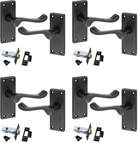 Golden Grace Premium Victorian Scroll Latch Door Handles with Latch Pack Set in Matt Black Finish, 4 Pack - 120mm x 40mm Backplate