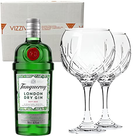 Tanqueray London Dry Gin 43,1% Vol. 700 ml - Due Bicchieri In Vetro Borgonovo 620 ml
