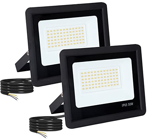 LED Strahler Außen 2 Stücke, Superhell Außenstrahler 50W 5000LM Strahler LED IP65 Wasserdichte Geführte Scheinwerfer im Freien für Dach Garten Hof Tor Garage Schwarze (6500K Kaltweiß)