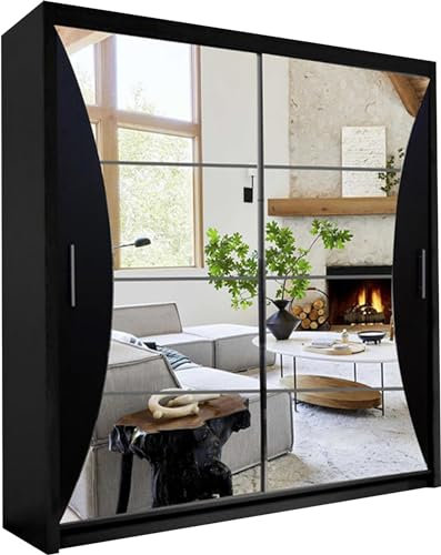 Modern Double Sliding Door Wardrobe 2 Mirrored Hanging Rails & Shelves Storage Cabinet for Bedroom (California Black, 203cm)