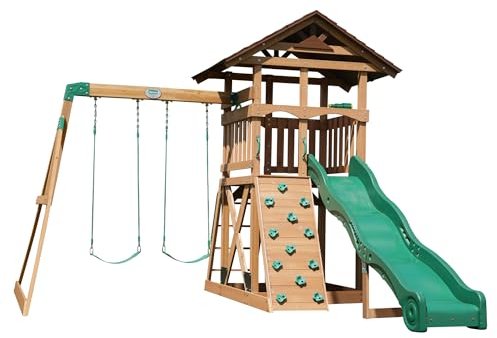 Backyard Discovery Spielturm Lightning Ridge aus Holz | XXL-Kinderspielhaus mit Doppelschaukel/Rutsche/Kletterwand/Leiter/Sandkasten/Zubehör inklusive | Stelzenhaus für den Garten
