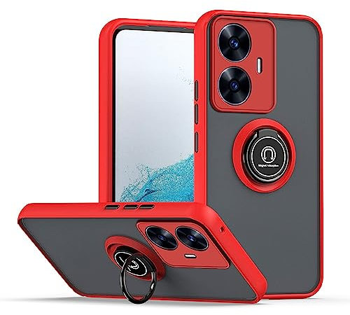 XINYEXIN Coque pour Realme C55, Etui Téléphone Antichoc avec Anneau de Support, Hard PC et TPU Bumper Mat Translucide Case Cover - Rouge