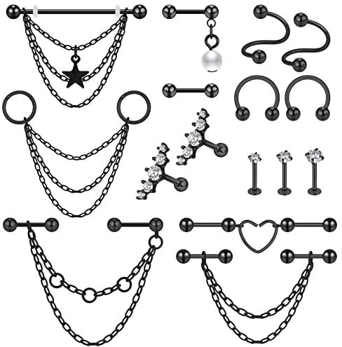Longbeauty 16 Pcs Knorpel Tragus Ohrringe 16G Edelstahl Barbell Stud Ohrstecker mit Kette Dangle Industrial Ohrpiercing Schmuck für Damen und Herren, Schwarz