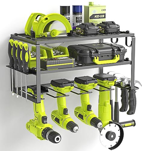 SUNALLY Power Tool Organizer, Power Drill Tool Holder, Heavy Duty Tool Shelf, 3 Layers Tool Rack Cordless Drill Holder, Floating Tool Shelf Wall Mounted Tool Storage Rack with 4 Drill Holders