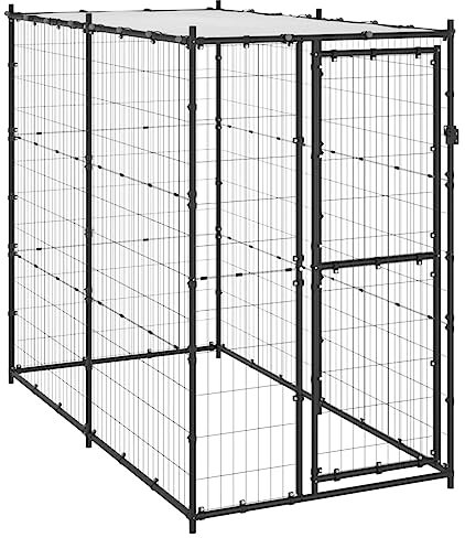 vidaXL Perrera para perros al aire libre, jaula para mascotas con puerta y techo, casa de parque para perros, valla de metal resistente para exteriores, para patio, acero