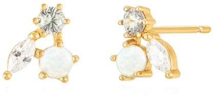 Brandlinger ® Opal Ohrstecker Silber 925. Opal Ohrring mit Zirkonia weiß und grau. Schmuck Damen vergoldet mit 18 Karat (Silber und Gold) für Frauen und Mädchen. Größe des Ohrsteckers: 7mm