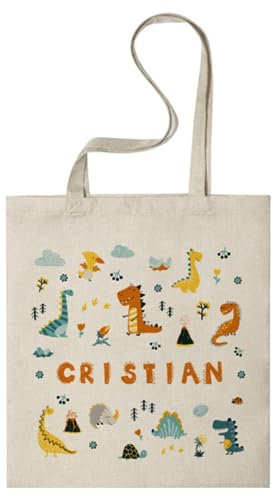 CUAC REVOLUTION Tote Bag personalizada diseño dinosaurio. Bolsa de tela personalizada. Tote bag de asas largas. Bolsa de tela reutilizable. Bolsa ligera, resistente y de tacto suave. Bolsa multiusos.
