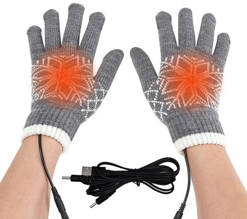 USB Heated Gloves for Men and Women, Double-Sided Heating Winter Warm Gloves, Full & Half Heated Fingerless Hands Warmer Laptop Gloves Knitted Mittens Washable Thermal Winter Gloves Gift (Light Grey)