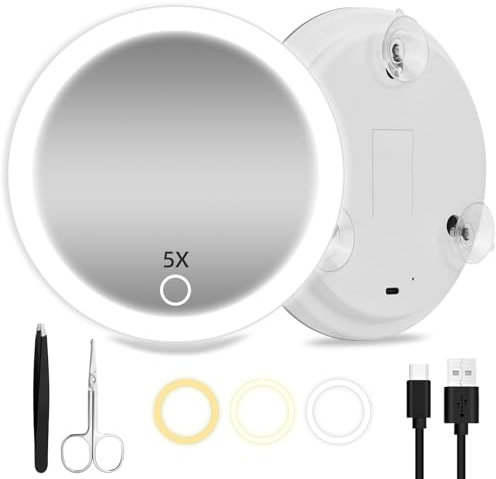 JADAZROR Specchio ingranditore 5X con luci, Specchio da viaggio 15 cm con ingrandimento, Specchio ingranditore illuminato ricaricabile, Specchio ingranditore da viaggio 5x portatile