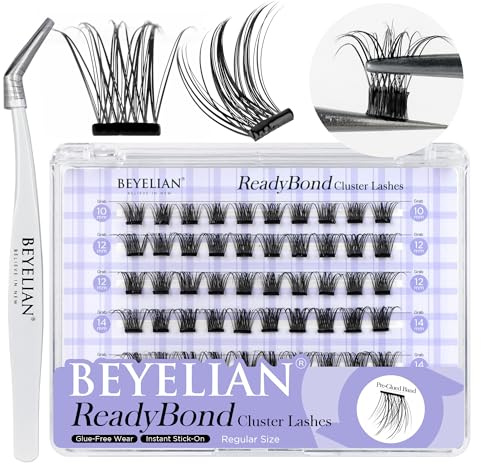 BEYELIAN Pestañas Postizas Self Adhesive, 84 Pcs D+ Curl DIY Press on Pestañas Individuales, Pestañas Adhesivas Reutilizables Cluster Lashes Pestañas Postizas (Twin Flowers, Black)