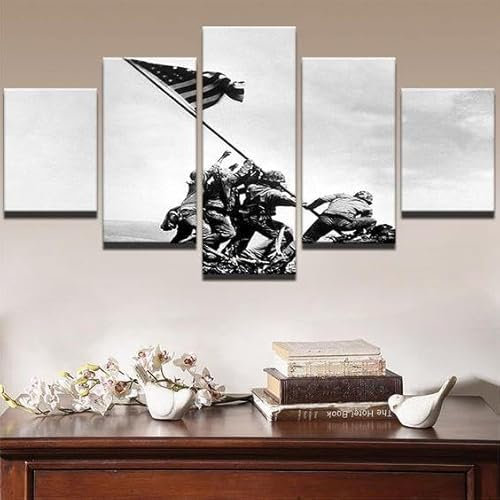 ZYCHKRL Leinwand Bilder 5 Teilig Iwo Jima US Marines Zweiter Weltkrieg Flagge Hissen Wandbilder Wohnzimmer Modern Bilder, Poster, Kunstdrucke Büro Flur Bad Küchebilder -Ungerahmt