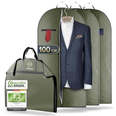 FiRiO® 3 x Premium Kleidersack kurz - BIS 50% DICKERES MATERIAL - Suit Bag, Garment Bag für Anzug, Hemd & Co - Faltbare Kleiderhülle für Reise & Aufbewahrung - Anzugtasche für Herren - Größe: 100x60cm