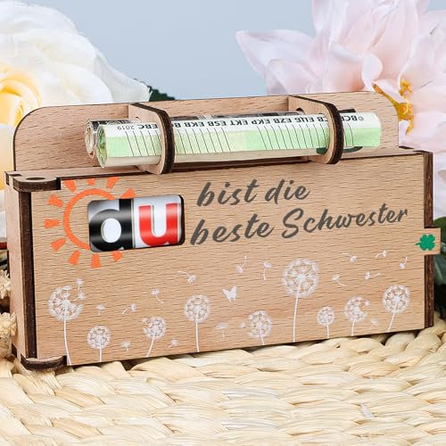 TUZELIYA Schwester Geschenk - Duplo Schokoriegel-Geschenkbox Deko - Wunscherfüller Geldgeschenk Holz für Schwester - Geldgeschenk Geburtstag Schwester - Du bist die beste Schwester - OHNE Duplo