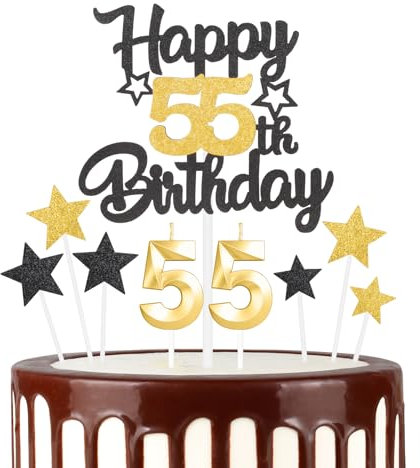 Schwarzgoldenes 55th Geburtstagskerzen Kuchenaufsatz Set, 3D Golden Zahl 55 Kerze für Kuchen, Mädchen Jungen 55th Geburtstag Dekorationen, Schwarzgoldenes Geburtstagsdekorationen für Mädchen Jungen