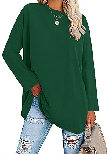 Famulily Women's Casual Plain T Shirts Ladies Round Neck Long Sleeve Tops Comfy Cotton Loose Tunic Blouse Tops (XXL, Green)