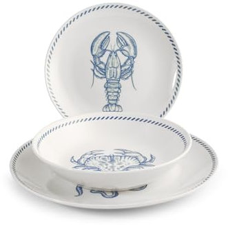 H&H, servizio tavola 18 pezzi Ocean, forma coupe, in porcellana, bianco, decori azzurri, tema marino, lavabile in lavastoviglie