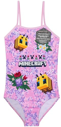Get Trend Minecraft Girls Swimming Costume Teenagers Creeper One Piece Stretchy Swimsuit Comfy Straps Swimwear for Beach Pool Swimming Holiday Essentials (7-8 Years, Pink Minecraft)