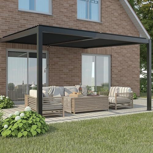 Primrose Deluxe Modern Patio Veranda Pergola Wall Mounted Carport Black Charcoal with Louvered Shutter Roof (3m x 3m)