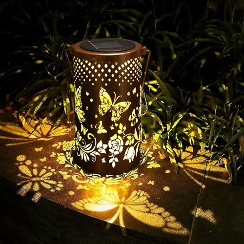 Solar Laternen Outdoor Hängelaternen, Auto Ein/Aus Schmetterling ausgehöhlte Metalldekoration Laterne, Wasserdicht LED Dekorative Garten Licht Solarlaterne für Terrasse Hof Weg Landschaft