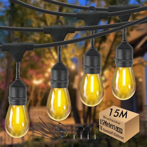15M LED Lichterkette Außen,garten Lichterkette Wasserdicht IP65 mit 15+1 E27 LED-Lampen 2700K Warmweiß für GartenTerrasse Hochzeiten [Energieklasse G]