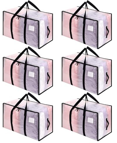 Dntorx 6 Stück 105L Große Aufbewahrungstasche mit Deckel, Faltbare Transparente Umzugskartons Groß mit Reißverschluss Griffe Kleideraufbewahrung Umzugstaschen für Umzug Camping Bettwäsche Aufbewahrung