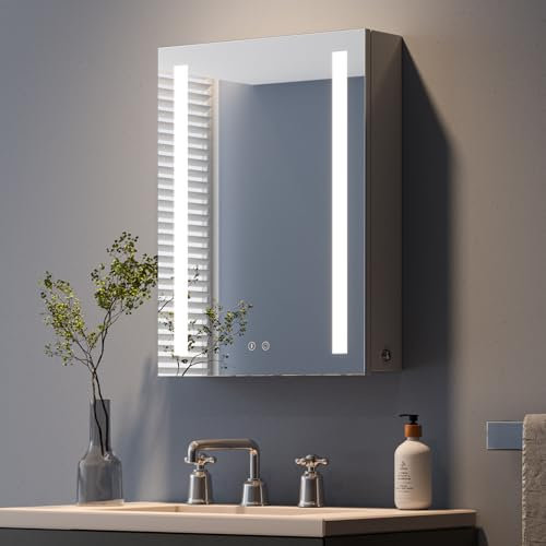 Dripex Spiegelschrank Bad mit Beleuchtung, 50 x 70 cm LED Badezimmerschrank mit Spiegel, 3 Lichtfarbe Einstellbar, Dimmbar, Steckdose und Glasablage,Beschlagfrei, Linkstürig, Verbesserte Version Grau